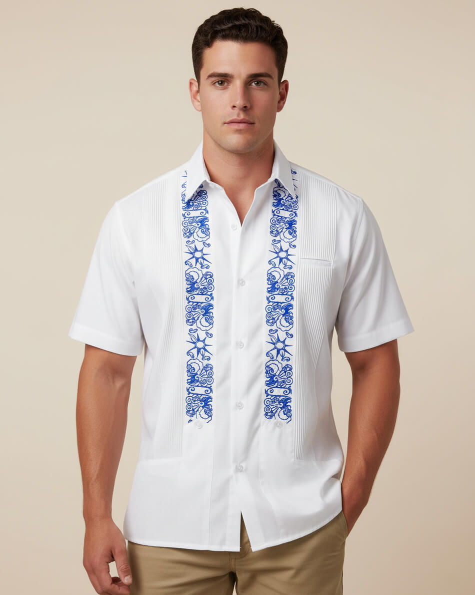 guayabera dress shirt Butterfly Havana Italian Linen Guayabera Shirt - White w/Steel Gray Embroidery - S