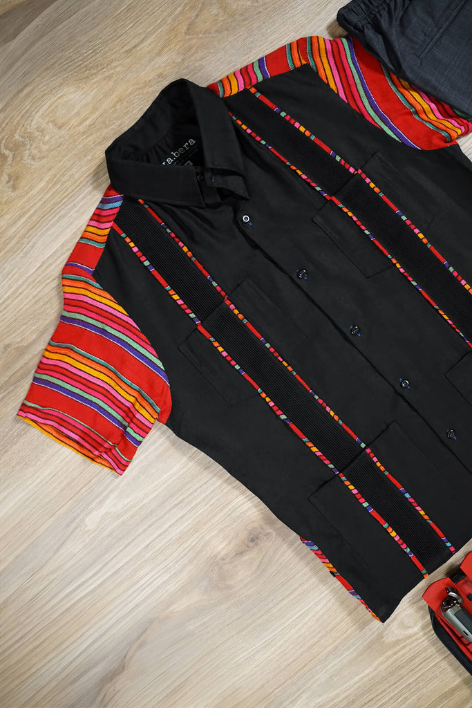 Black Azteca Serape Guayabera Linen Shirts for Men
