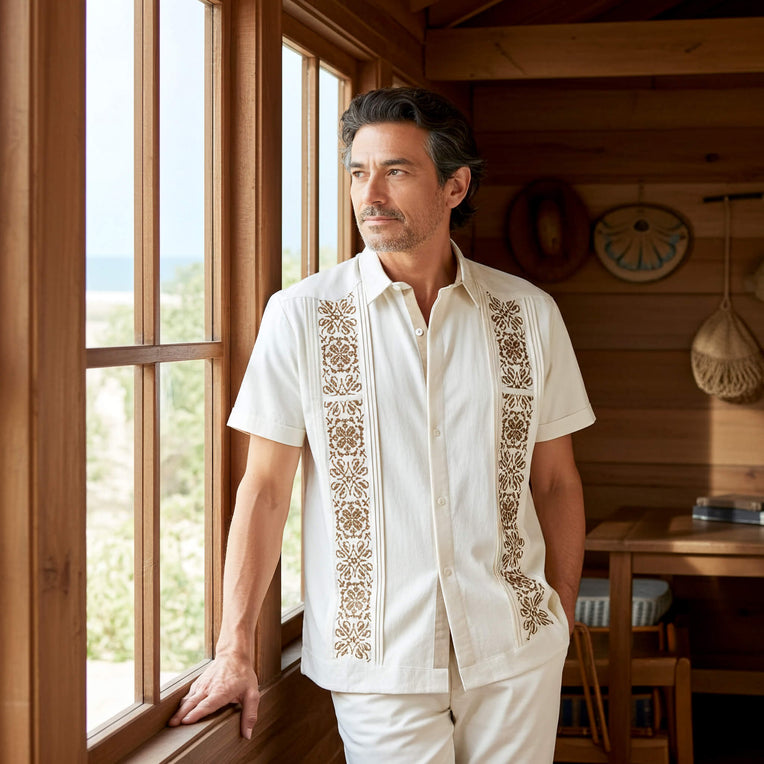 guayabera formal dress code Men's Embroidered Linen Guayabera Pintuck Trim Long Sleeve X-Large / AQUA