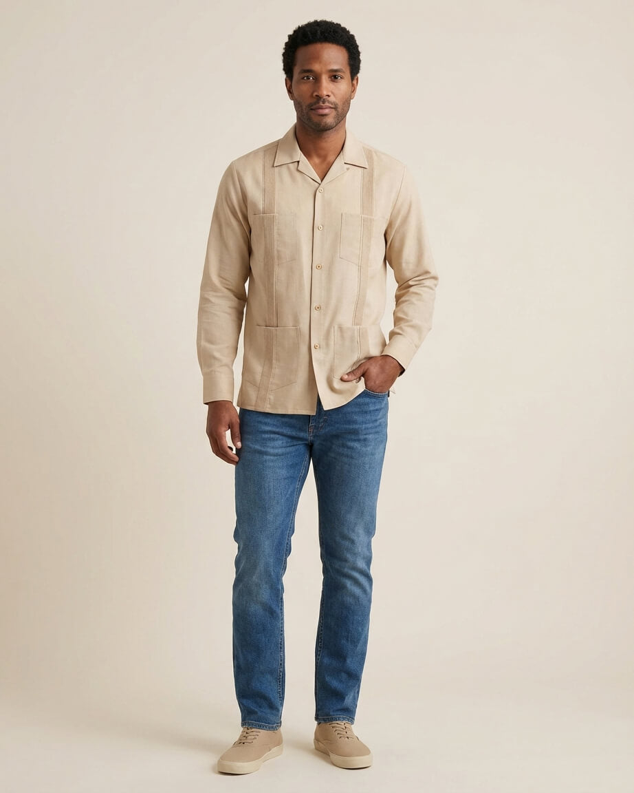 Ready to Go XL | Sand Beige Four Pocket Long Sleeve Guayabera