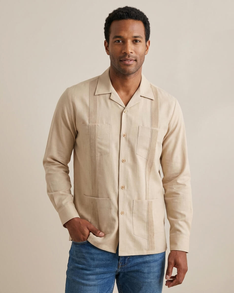 Ready to Go XL | Sand Beige Four Pocket Long Sleeve Guayabera