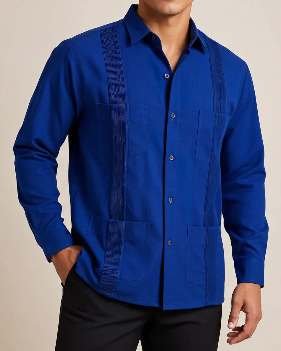 Royal Blue Four Pocket Traditional Guayabera