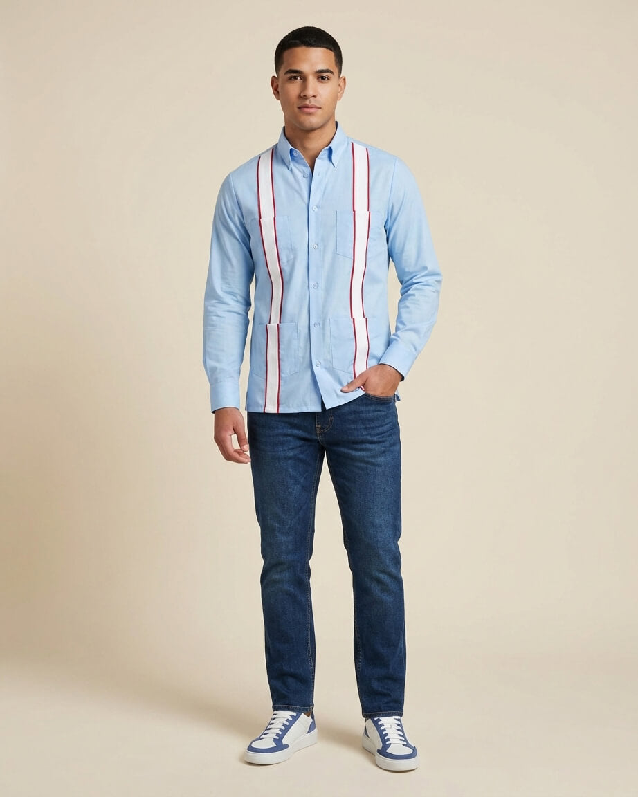 Ready to Go Large | La Colegial Sky Blue Long Sleeve Guayabera