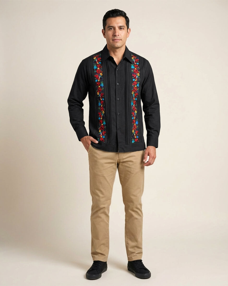 Yucateco Midnight Maya Flor Guayabera