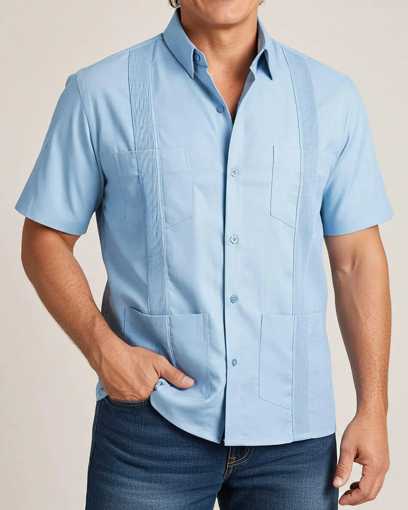 Sky Blue Four Pocket Traditional Guayabera