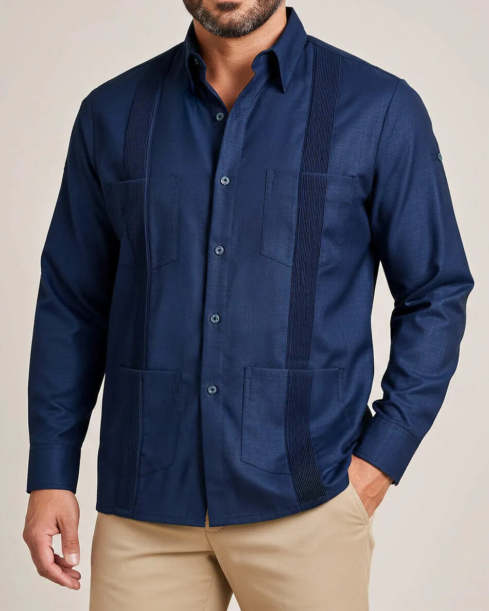 Navy Blue Four Pocket Traditional Guayabera
