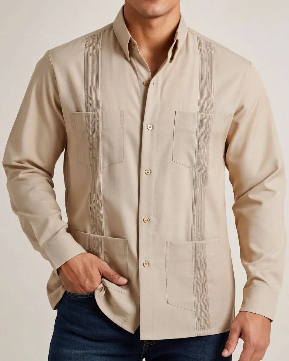 Sand Beige Four Pocket Traditional Guayabera