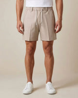 Sand Beige Pin-Tuck Linen Shorts