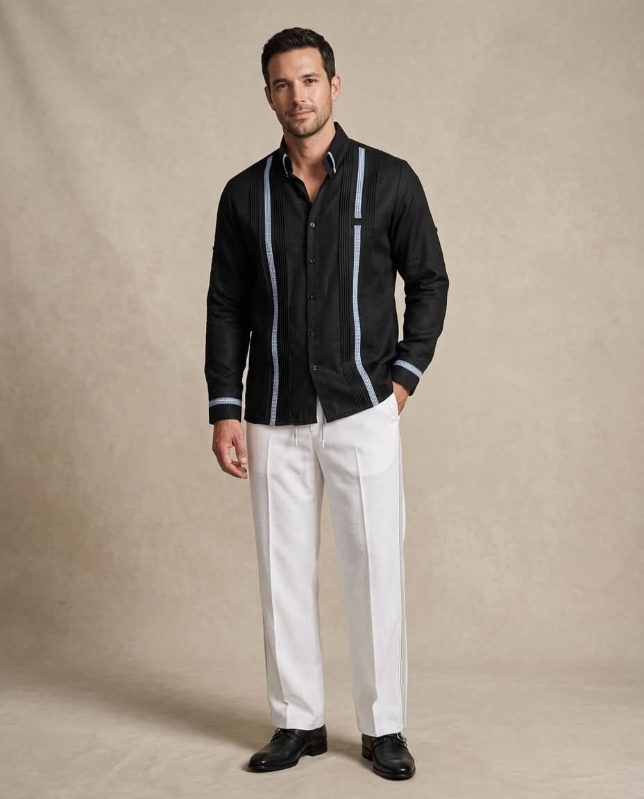 Ready to Go Medium | Black Houndstooth Long Sleeve Guayabera