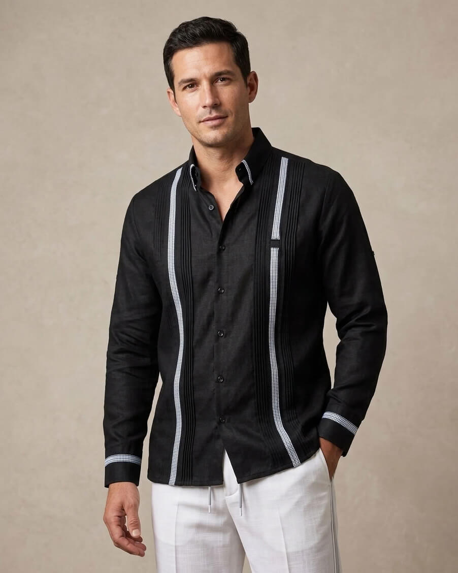Ready to Go Medium | Black Houndstooth Long Sleeve Guayabera