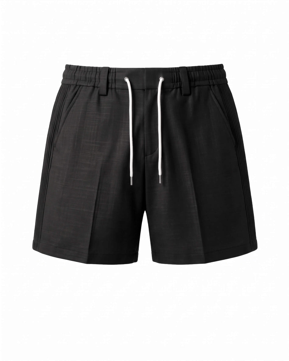 Black Pin-Tuck Linen Shorts