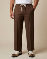 Chocolate Brown Pin-Tuck Linen Trousers