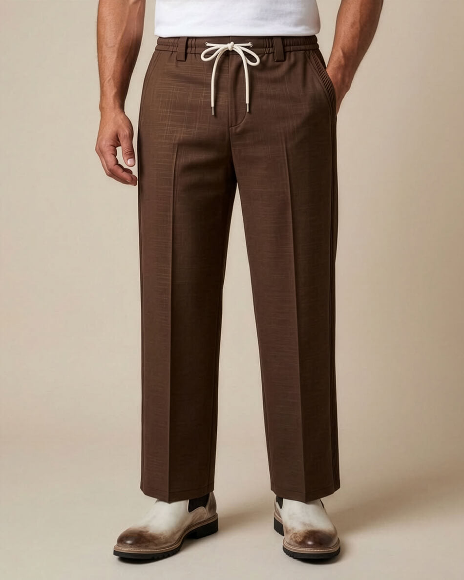 Chocolate Brown Pin-Tuck Linen Trousers