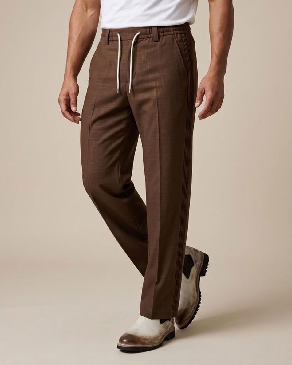 Chocolate Brown Pin-Tuck Linen Trousers