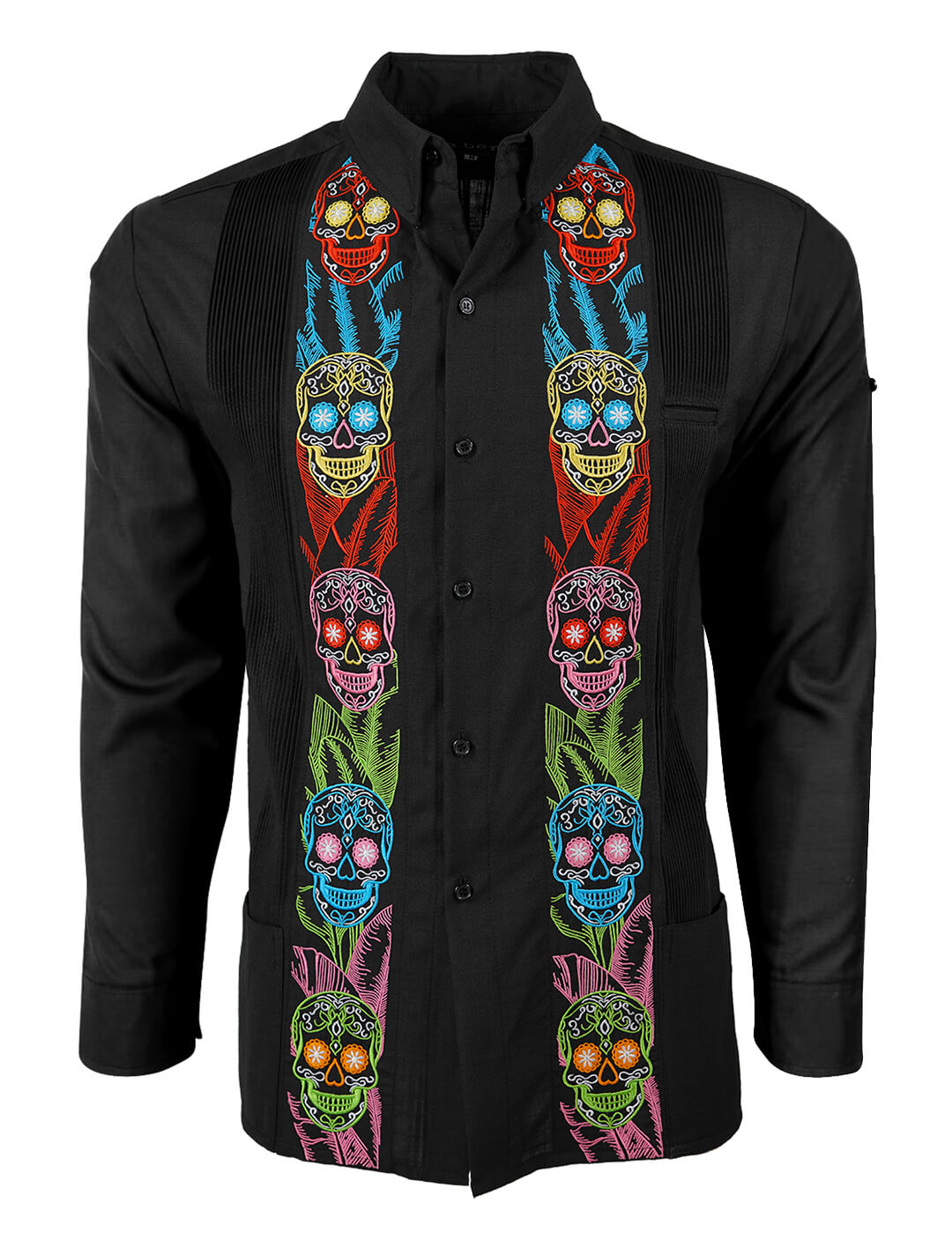 La Calavera Neón Negra Long Sleeve Guayabera