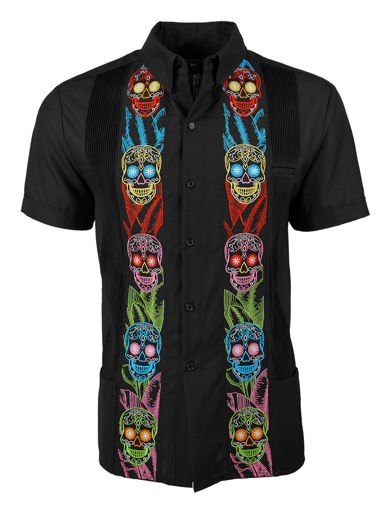 La Calavera Neón Negra Short Sleeve Guayabera