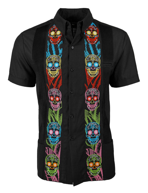 La Calavera Neón Negra Short Sleeve Guayabera