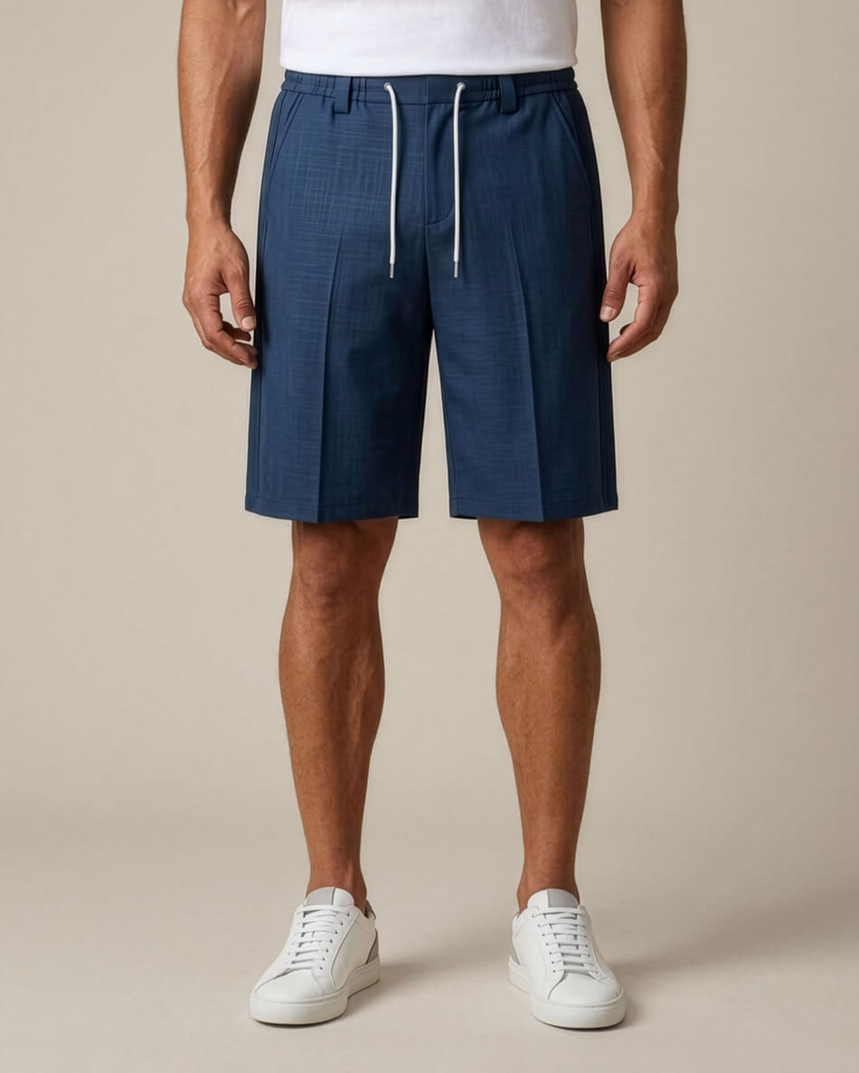 Deep Teal Pin-Tuck Linen Shorts