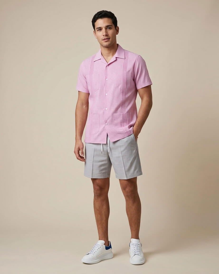 Ready to Go Large | Guingán Clásico Rose Pink Short Sleeve Guayabera