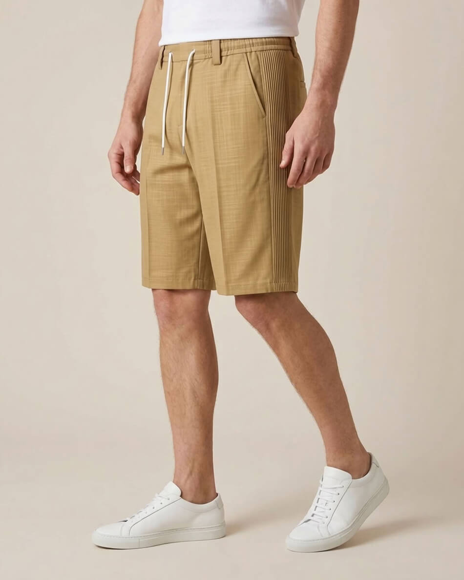 Jungle Khaki Pin-Tuck Linen Shorts