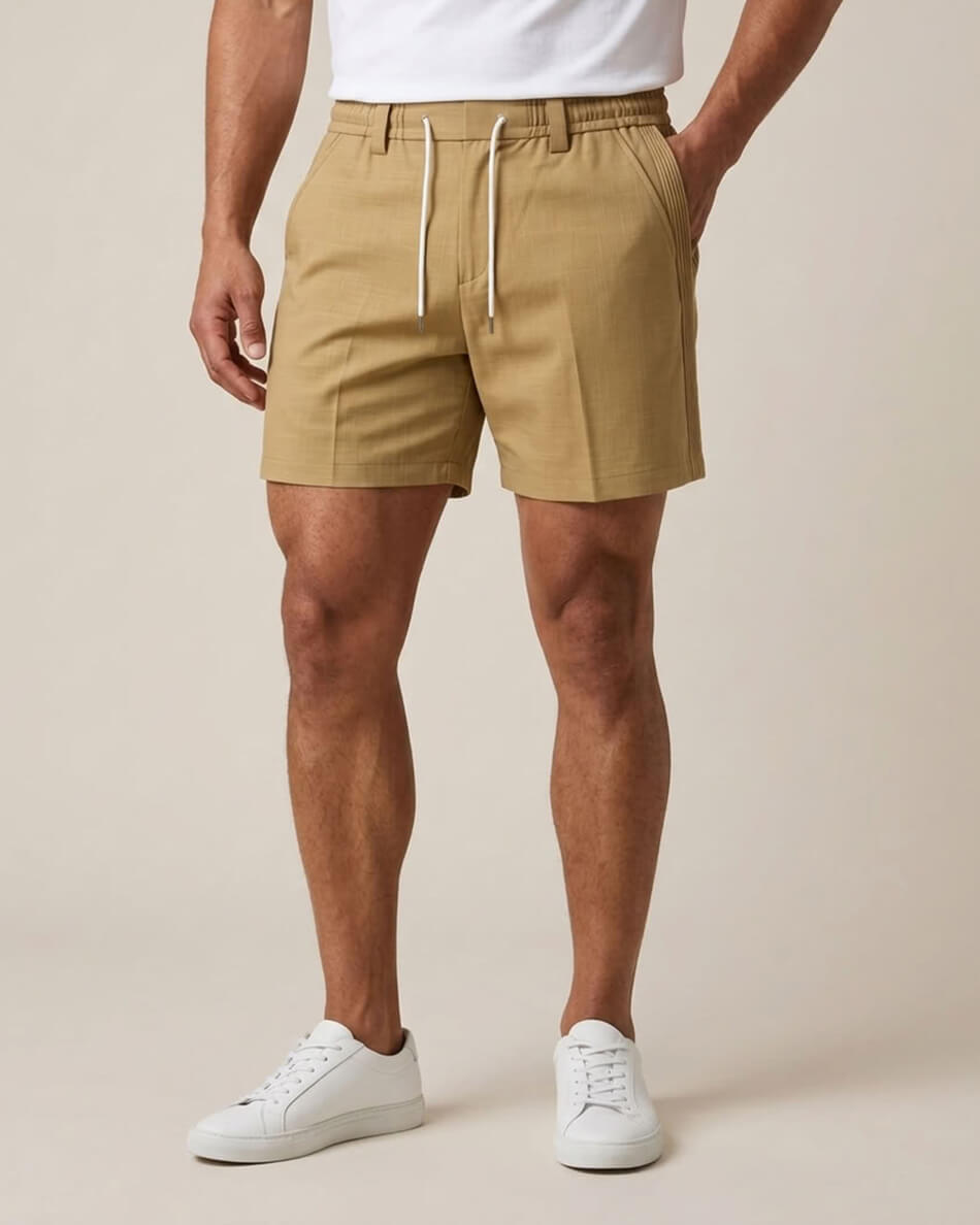 Jungle Khaki Pin-Tuck Linen Shorts