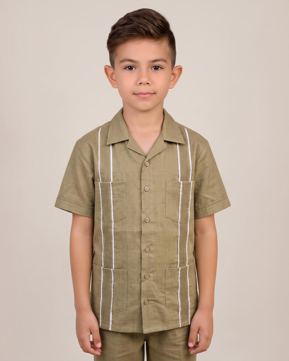 Toddler Kids Essentials Khaki con Blanco Guayabera Pant Set