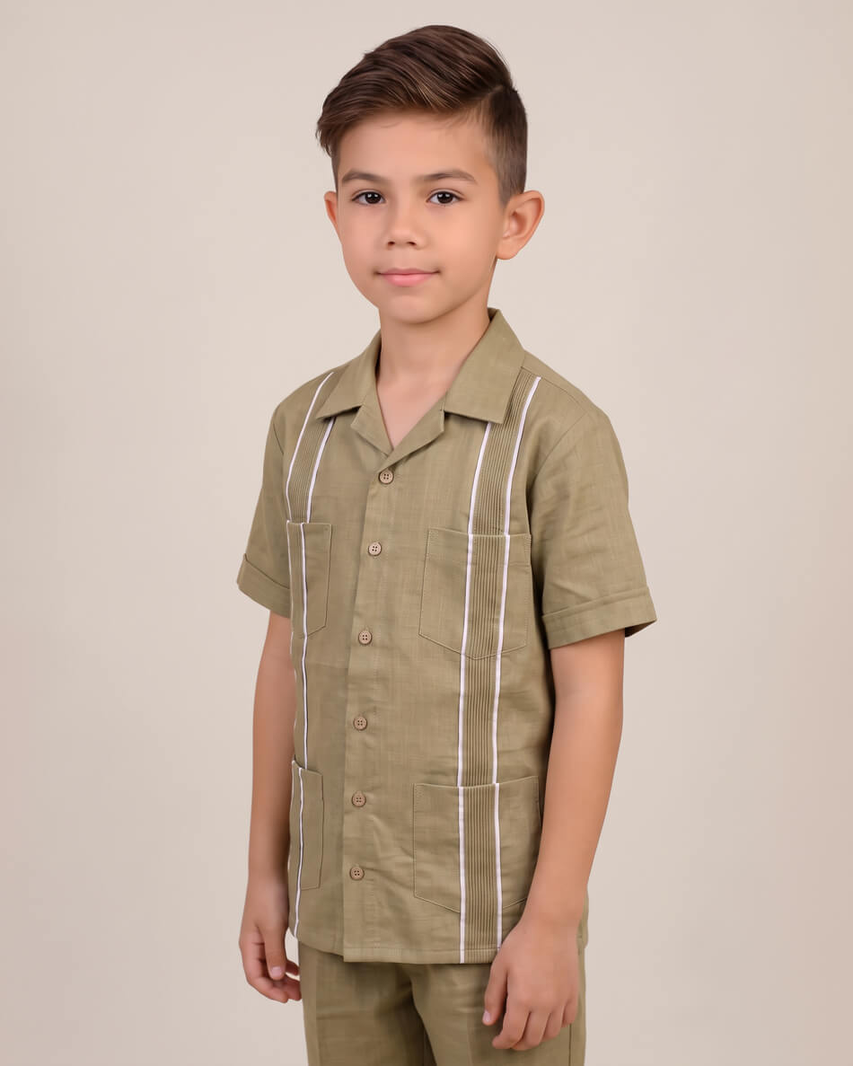 Toddler Kids Essentials Khaki con Blanco Guayabera Pant Set
