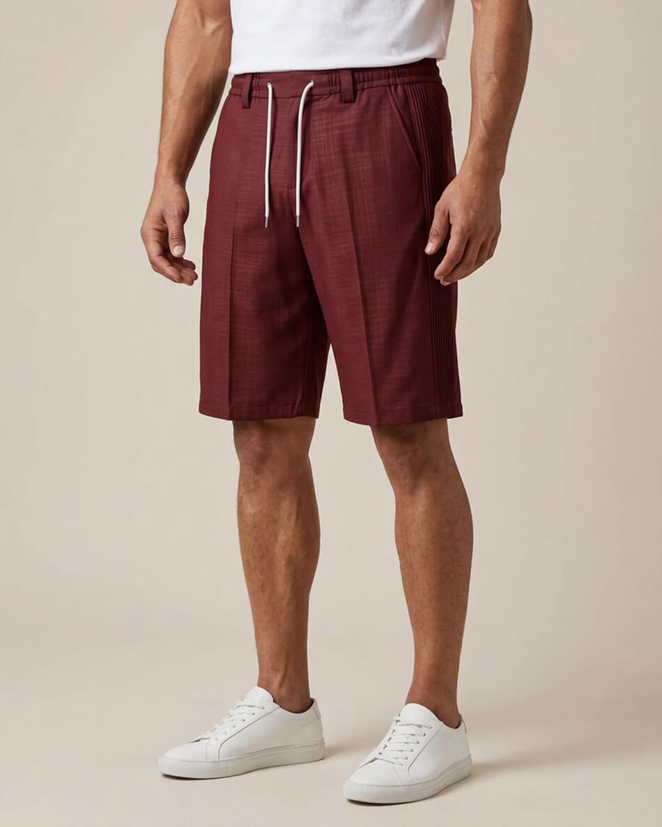 Merlot Red Pin-Tuck Linen Shorts