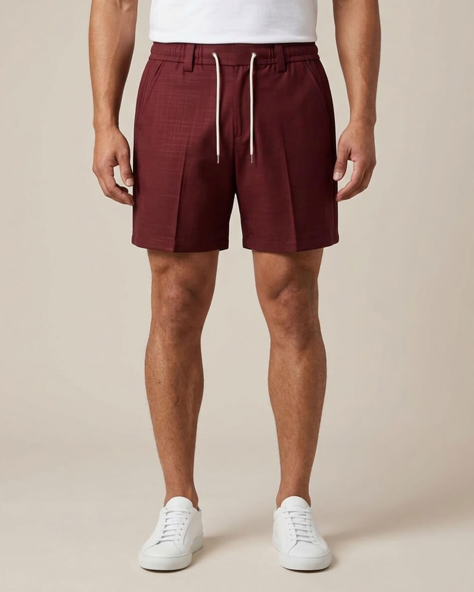 Merlot Red Pin-Tuck Linen Shorts