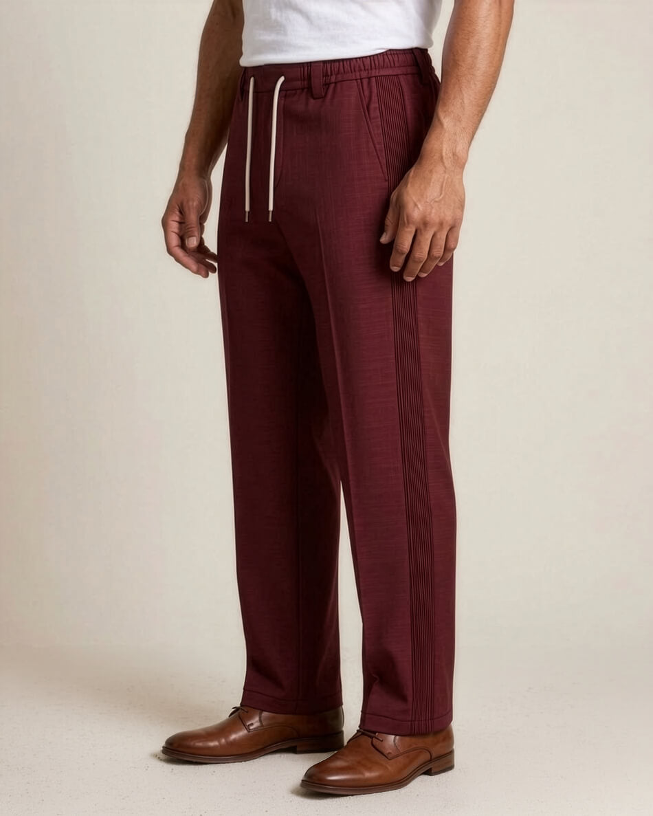 Merlot Red Pin-Tuck Linen Trousers