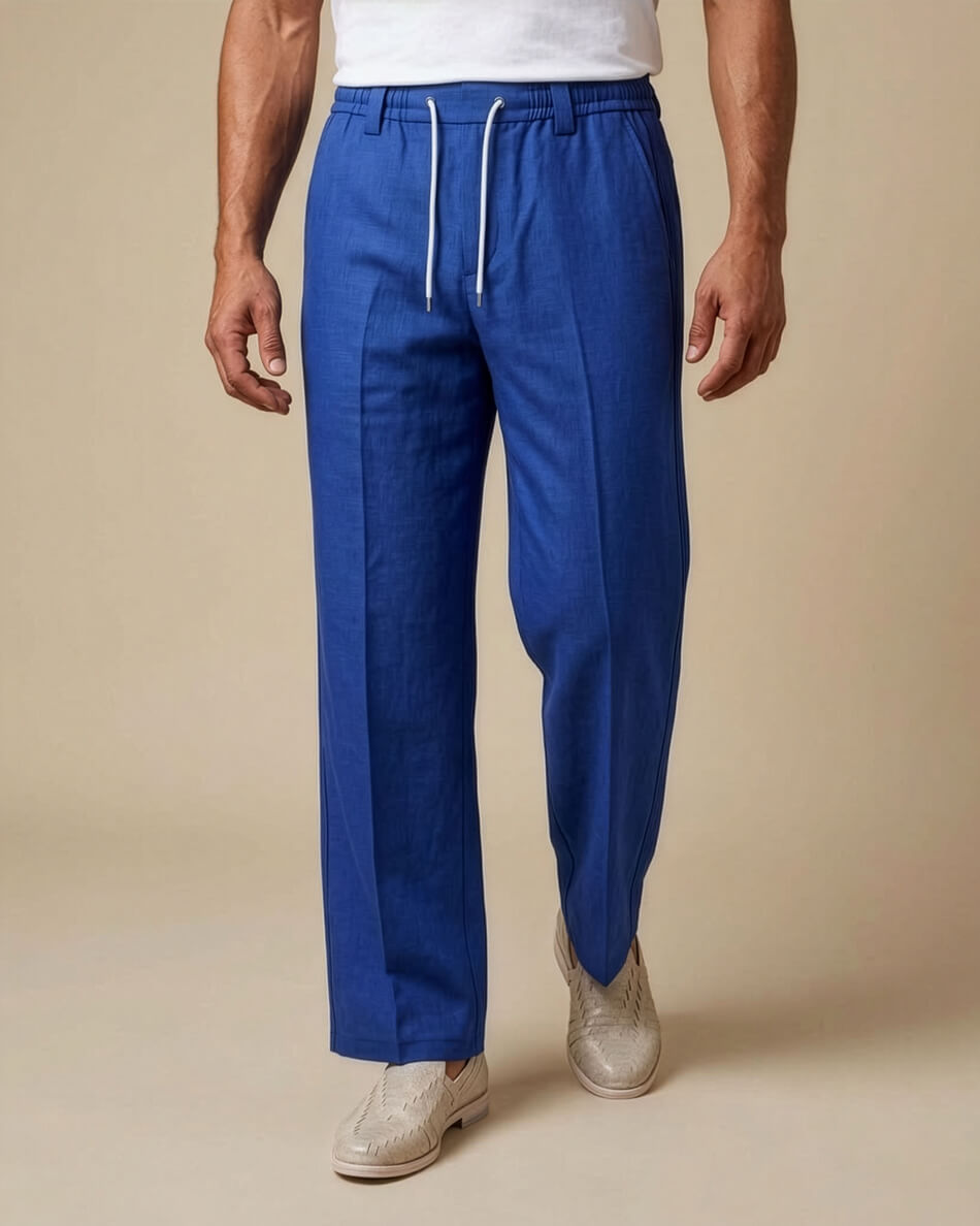 Royal Blue Pin-Tuck Linen Trousers