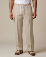 Sand Beige Pin-Tuck Linen Trousers