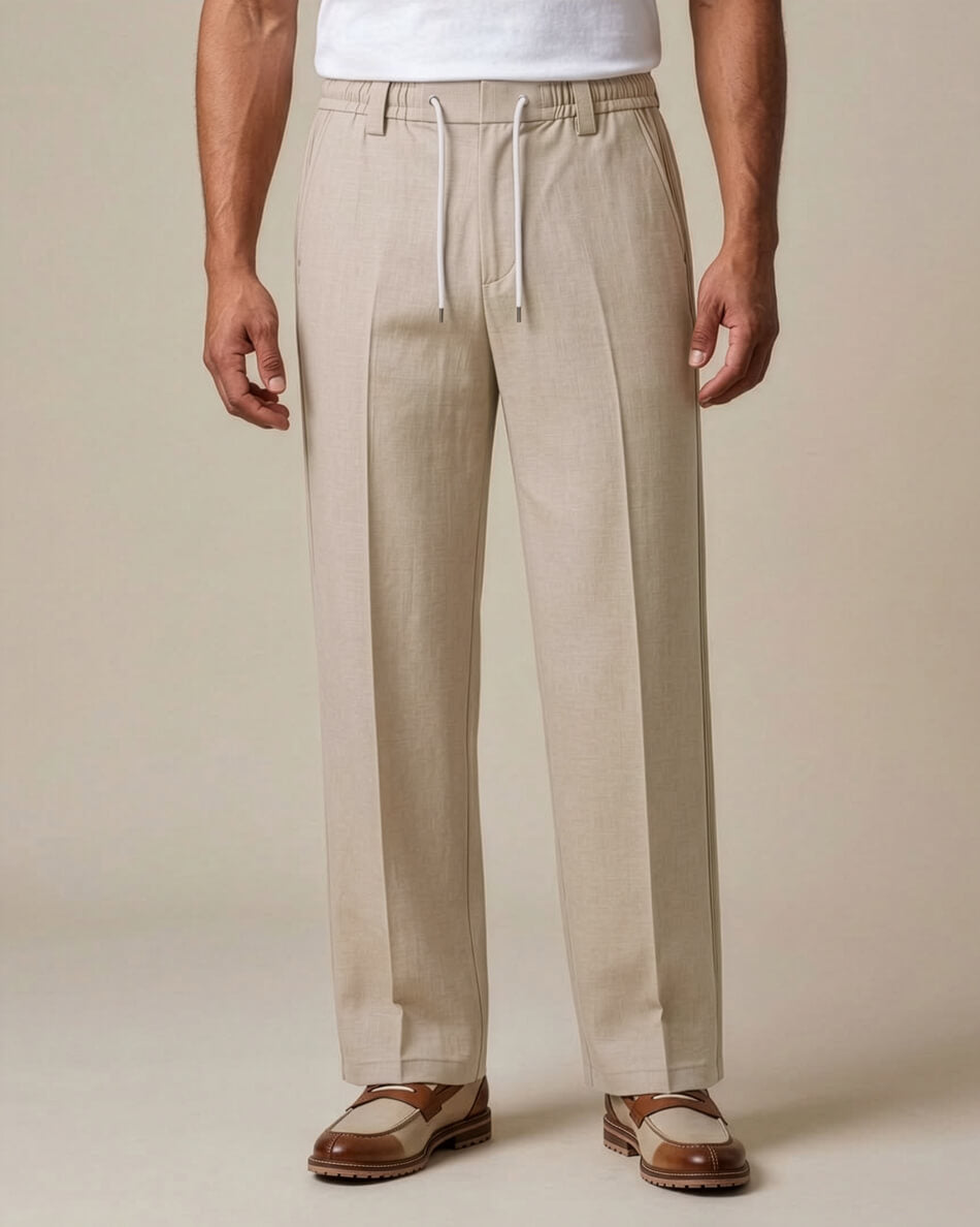 Sand Beige Pin-Tuck Linen Trousers