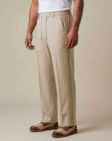 Sand Beige Pin-Tuck Linen Trousers