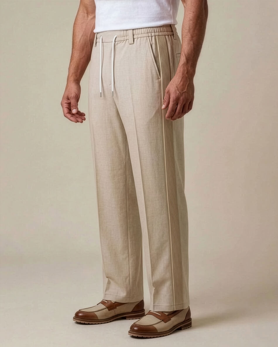 Sand Beige Pin-Tuck Linen Trousers