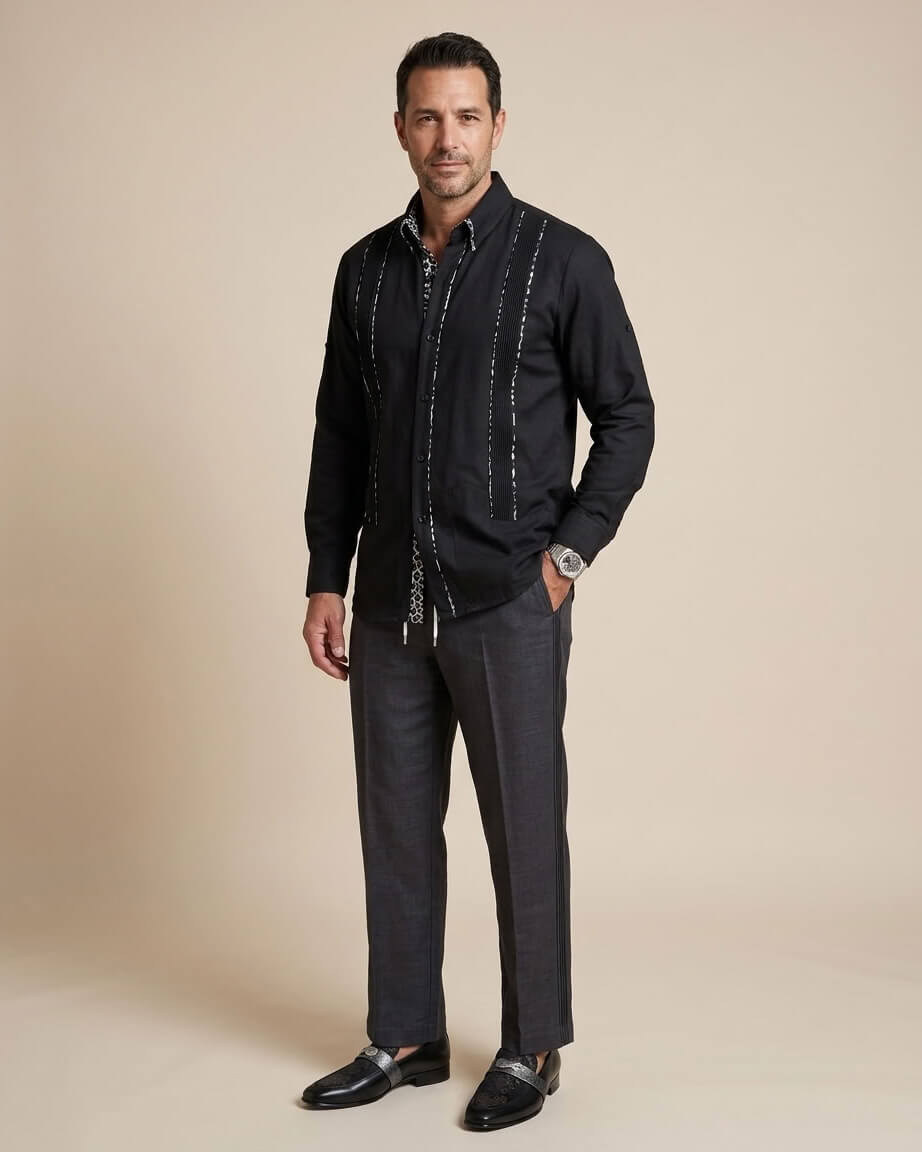 Ready to Go Medium | Shadow Noir Leopard Long Sleeve Guayabera