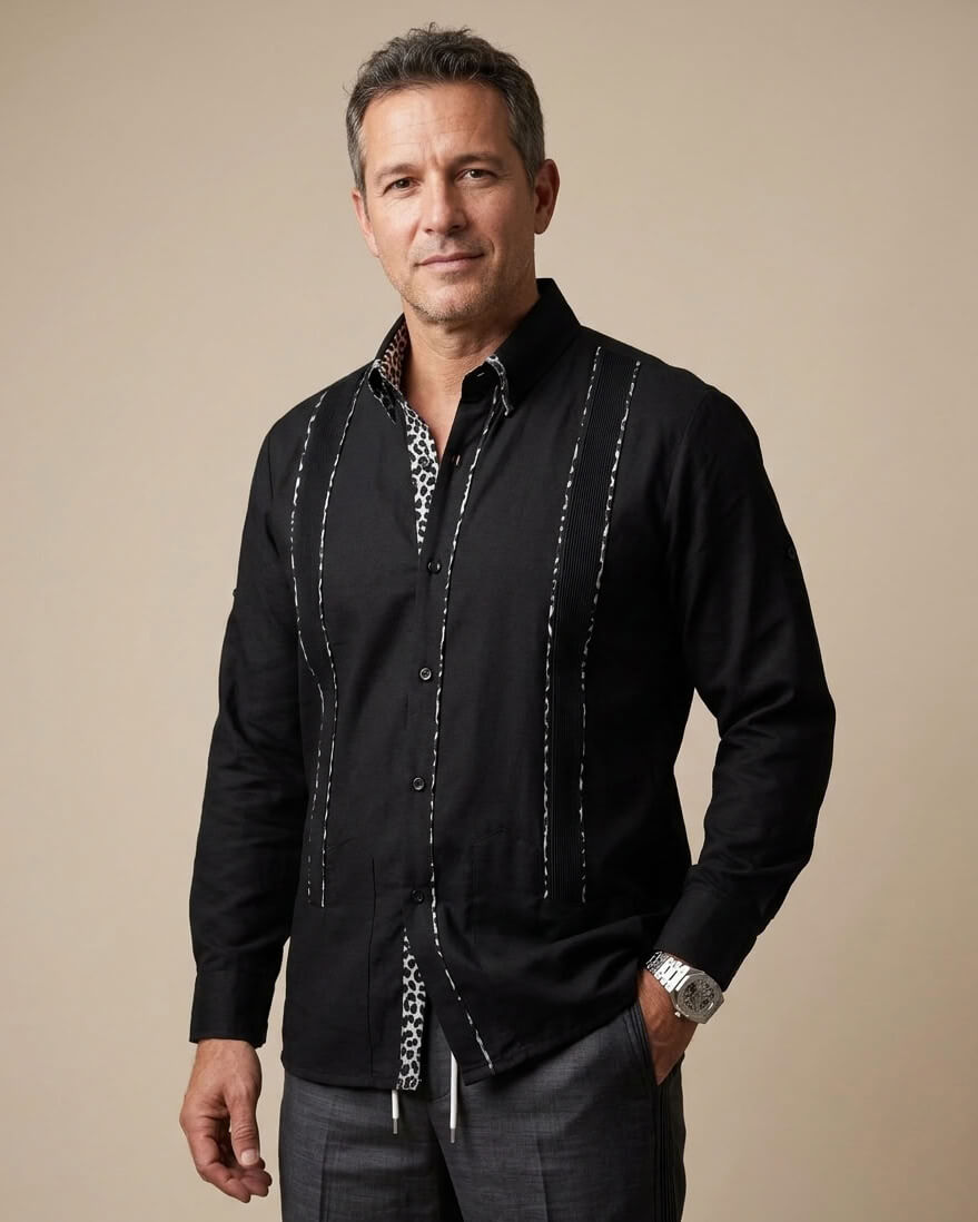 Ready to Go Medium | Shadow Noir Leopard Long Sleeve Guayabera