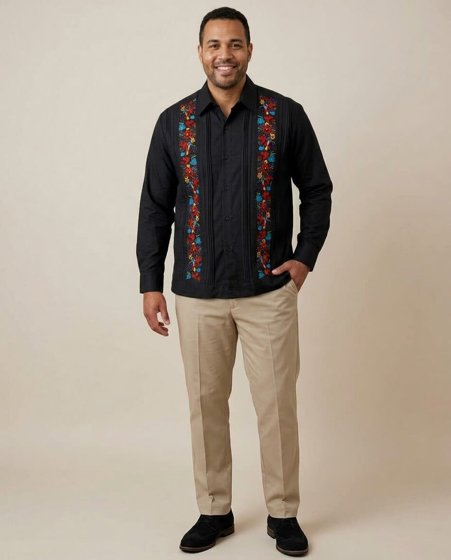 Ready to Go 2XLT | Yucateco Midnight Maya Flor Guayabera