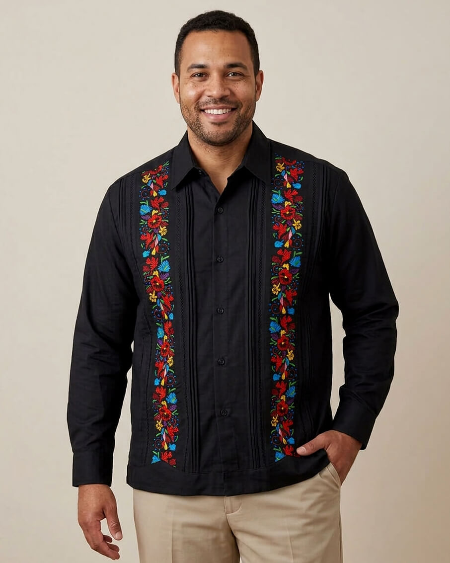 Ready to Go 2XLT | Yucateco Midnight Maya Flor Guayabera