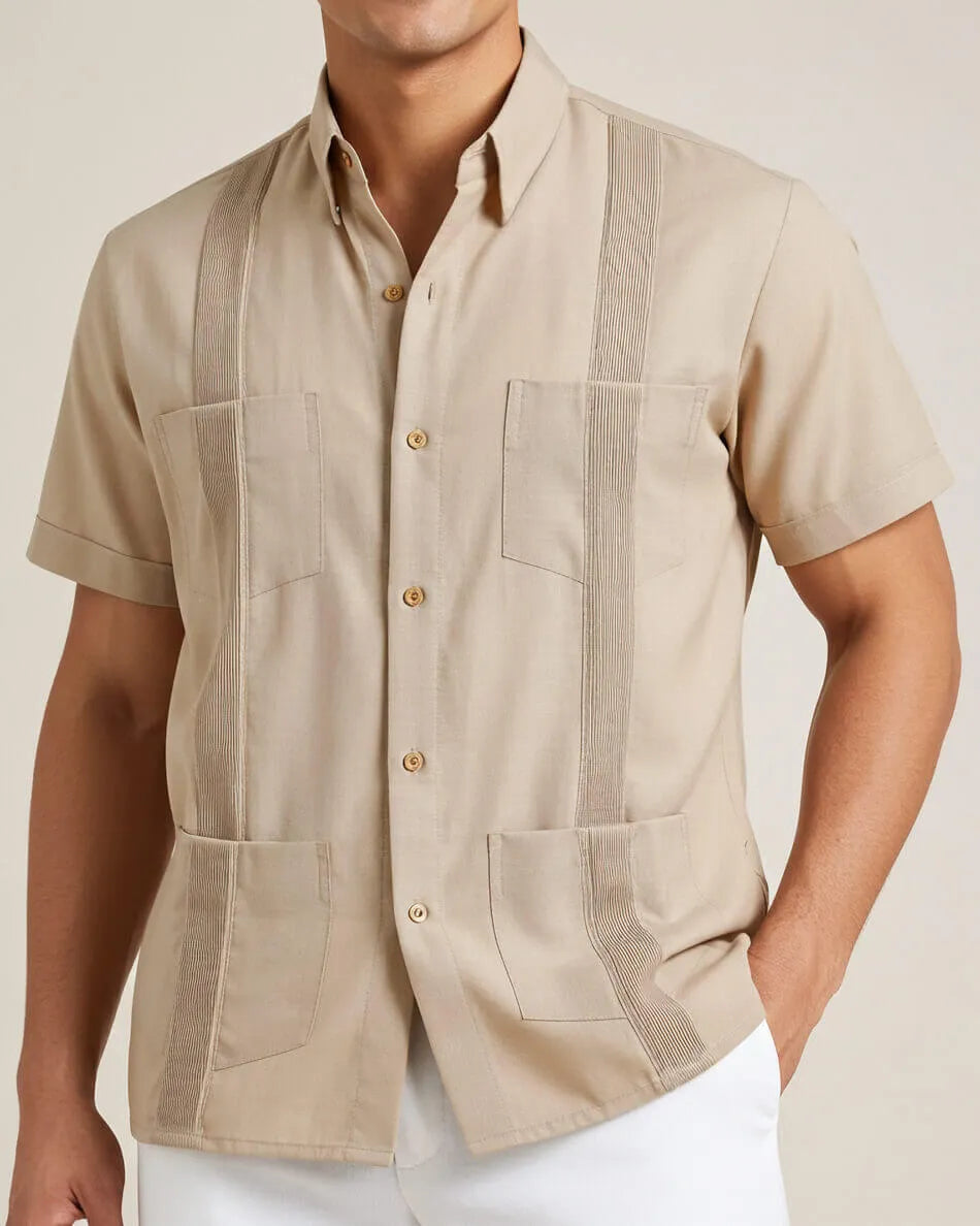 Sand Beige Four Pocket Traditional Guayabera