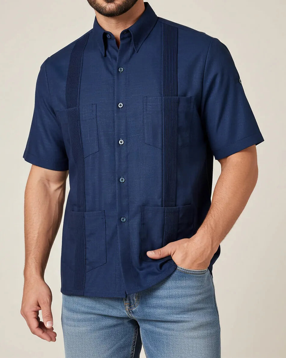Navy Blue Four Pocket Traditional Guayabera