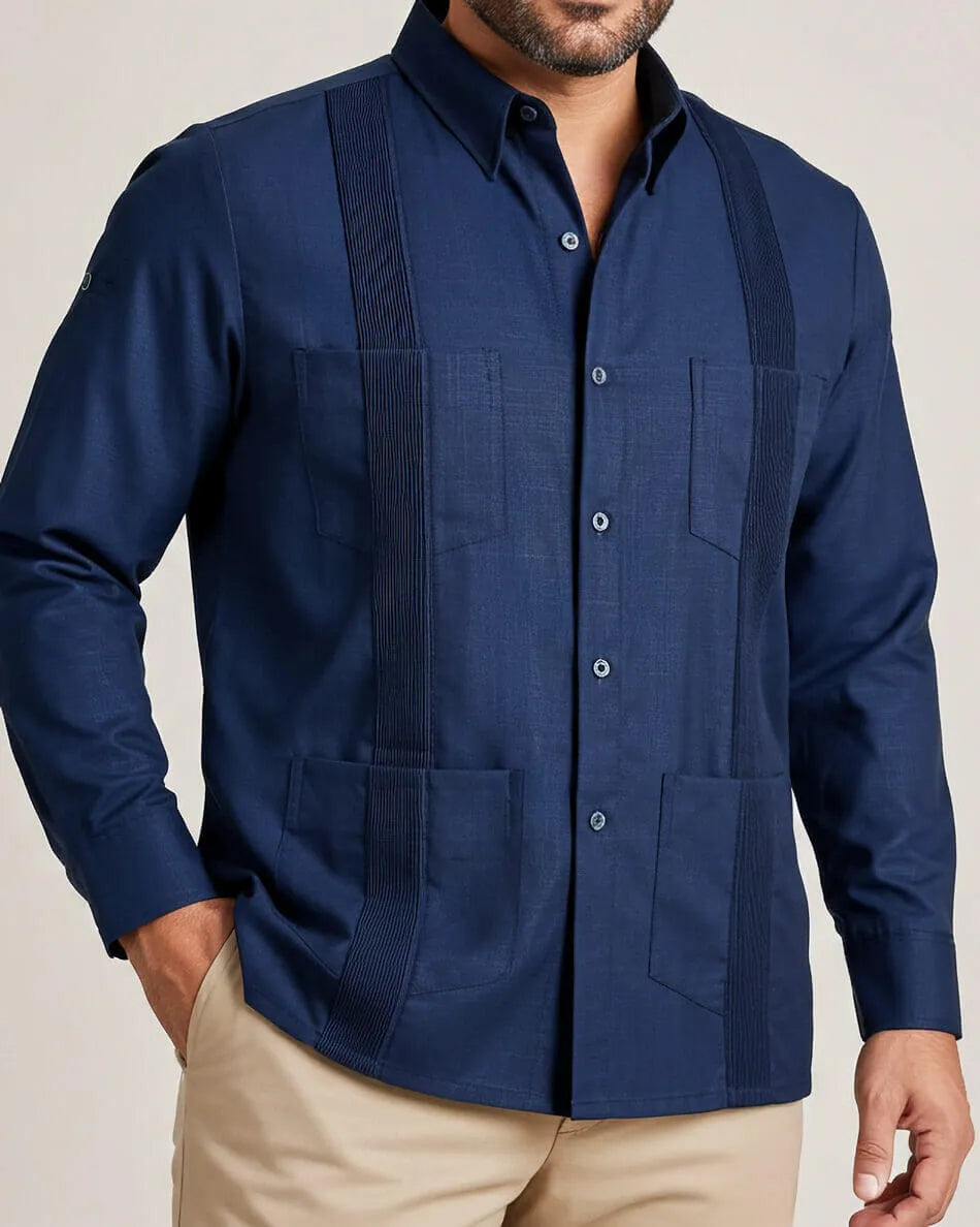Navy Blue Four Pocket Traditional Guayabera