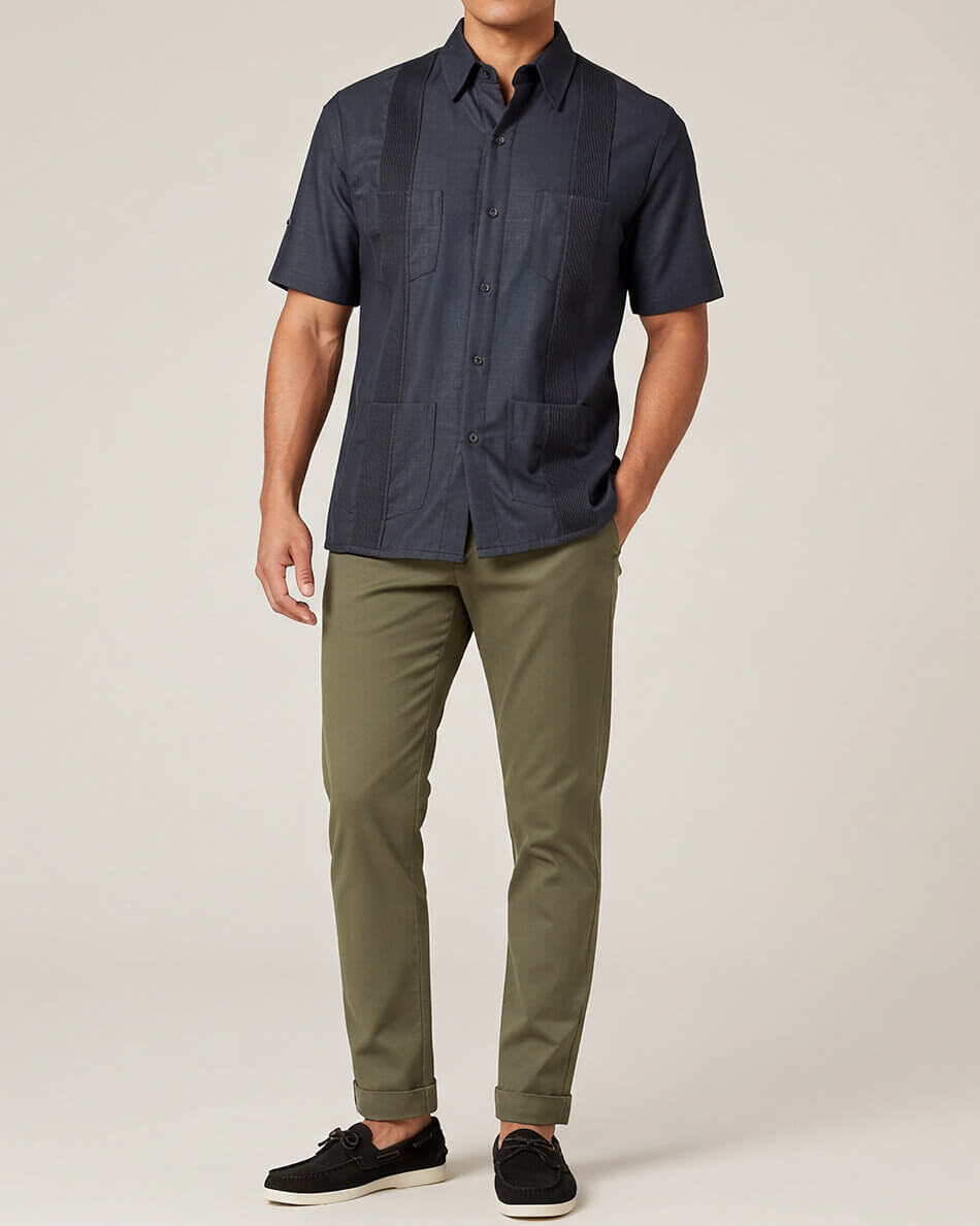 Charcoal Grey Four Pocket Traditional Guayabera