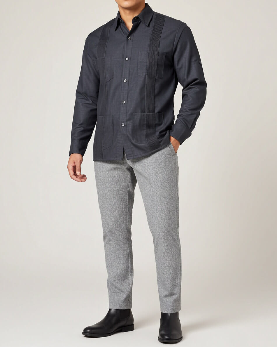 Charcoal Grey Four Pocket Traditional Guayabera