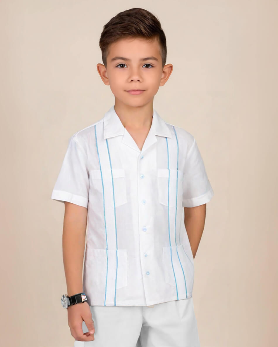 Toddler Kids Essentials White con Sky Blue Guayabera Pant Set