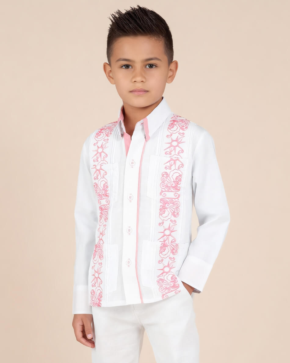 Kids White with Pink Stars & Pink Accents Guayabera
