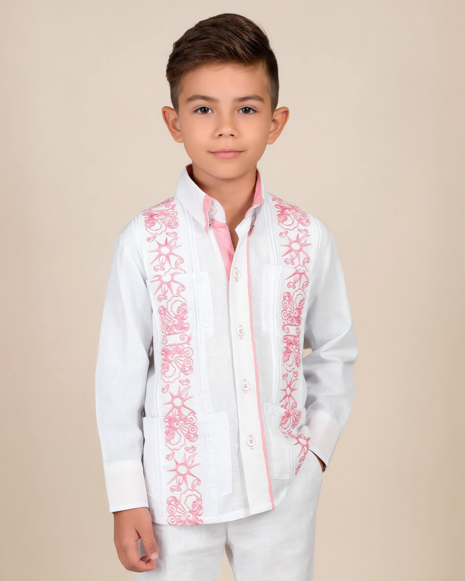 Kids White with Pink Stars & Pink Accents Guayabera