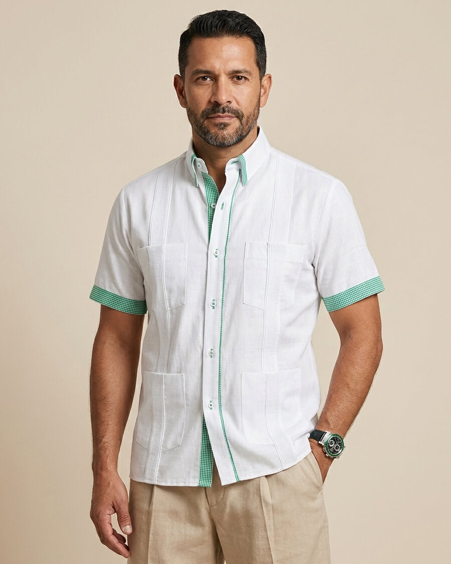 Ready to Go Medium | Blanco con Green Guingán Short Sleeve Cubano Guayabera
