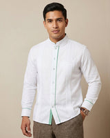 Ready to Go Small | Blanco con Green Guingán Long Sleeve Clasico Guayabera