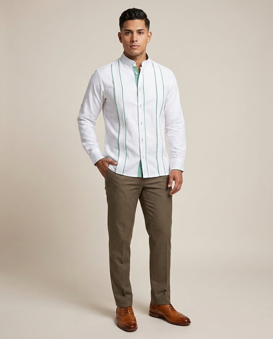 Ready to Go Medium | Blanco con Green Guingán Long Sleeve Delicado Guayabera